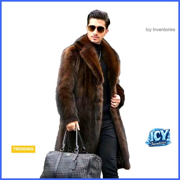 Men's Long Faux Fur Trench Coat Winter Overcoat
